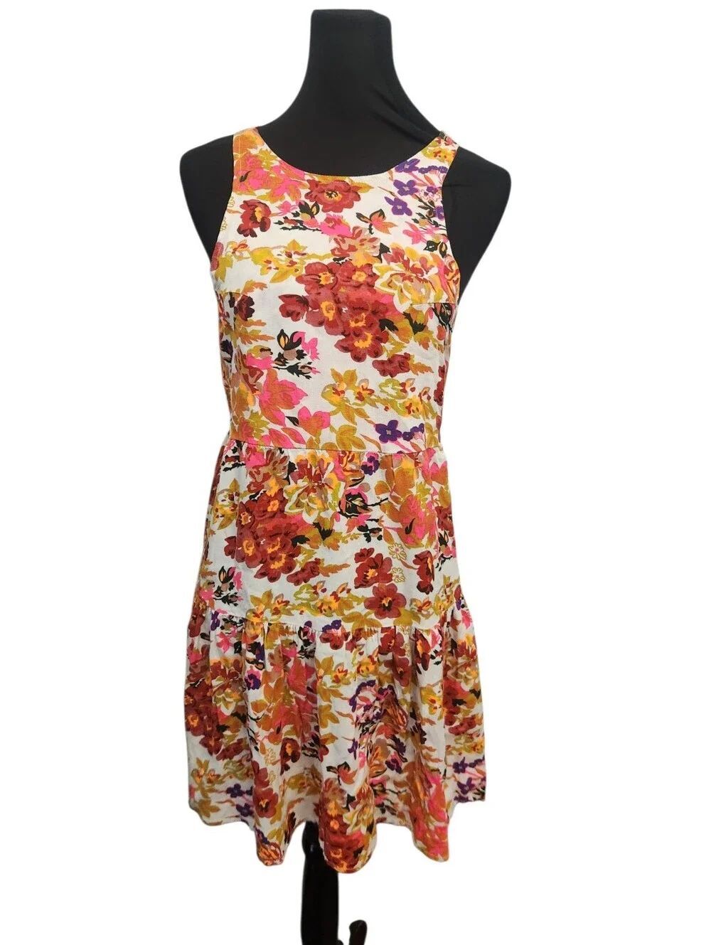 Natural Life Mini Dress Small Bright Floral Print Halter Overall Style